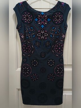 NWT Desigual Sofia Mandala Bodycon Mini Dress Navy Blue Velvet Print Size M